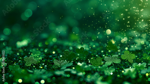 Water drops on green leaves, Shamrocks on a green background celebrate St. Patrick's Day, green glitter and sparkle clovers for St Patrick's day background, Ai generated image