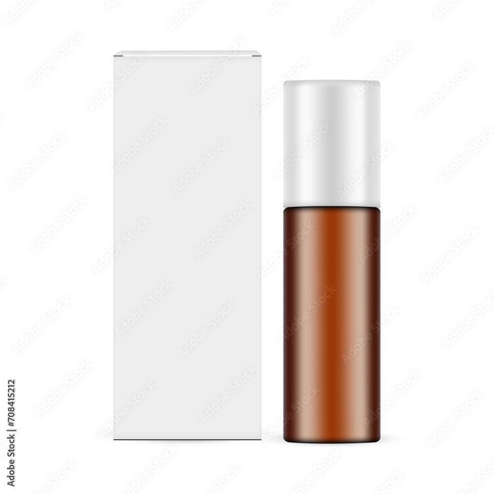 Amber Cosmetic Bottle, Packaging Box Front View, Isolated On White Background. Vector Illustration Amber Cosmetic Bottle, Packaging Box Front View, Isolated On White Background. Vector Illustration