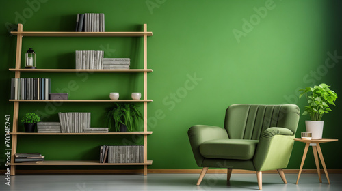 Background image of graphic home office workplace with computer on wooden table against green wall, copy space, Green sofa and chair against green wall with book shelf, Ai generated image