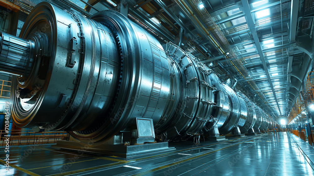large, futuristic industrial facility with a series of massive cylindrical machines, illuminated by overhead lights in a cool blue tone large, futuristic industrial facility with a series of massive cylindrical machines, illuminated by overhead lights in a cool blue tone