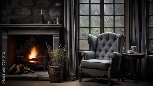 Living room interior, Fireplace in the living room, Grey chair by fireplace against window, Ai generated image