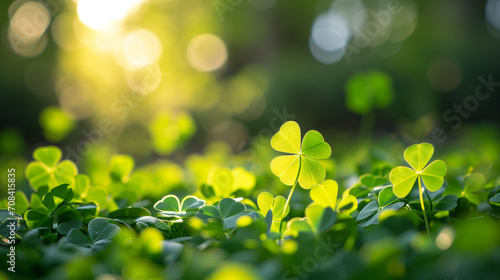 Spring green background, Green grass and sun, Irish Four Leaf Clover in the Field for St. Patricks Day, Ai generated image
