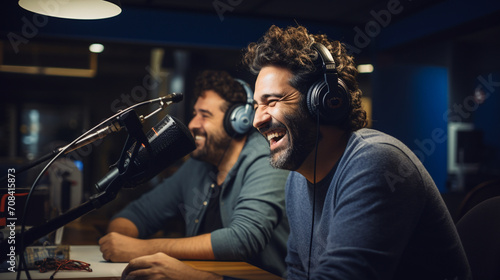 A vibrant scene capturing a cheerful radio host showing enthusiasm while recording a podcast with a colleague