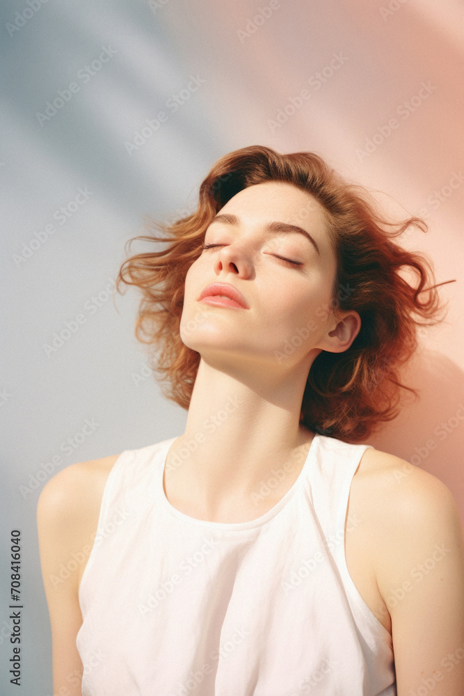 Portrait of a beautiful young woman with red hair on a blue background Portrait of a beautiful young woman with red hair on a blue background