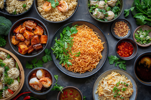Assorted Chinese dishes. Chinese noodles, fried rice, kimchi, dumplings, Peking duck, dim sum, spring rolls. Chinese restaurant concept. Place for text