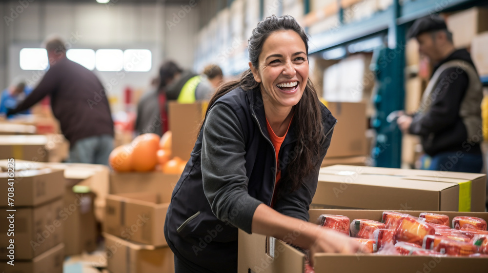 A women happy volunteer is depicted looking at a food donation box - obrazy, fototapety, plakaty 
