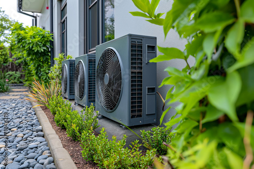 Industrial air conditioner. Air conditioning systems on the background of the house. Modern HVAC air conditioner unit on outside of house. photo