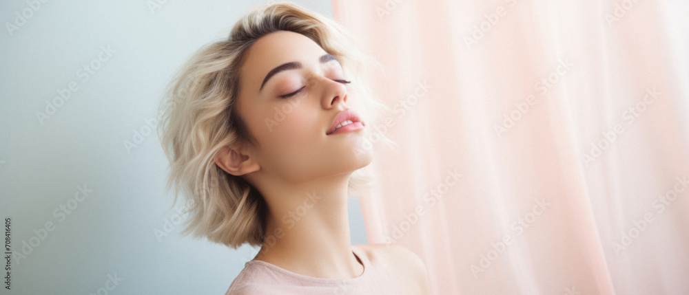 Naklejka premium Beautiful young woman with closed eyes in pastel, panoramic shot