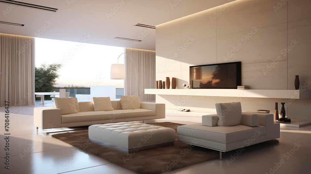 Fototapeta premium A modern living room with a tv and plant, in the style of minimalistic modern, Minimalist home interior design of modern living room, Ai generated image