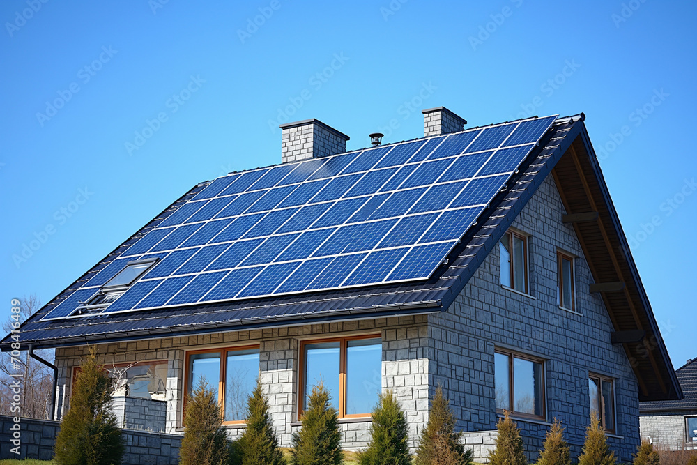 Fototapeta premium Solar panels on the house. Modern house with solar panels.Solar panels on the roof.Beautiful, large modern house and solar energy.Green energy concept.Place for text.Copy space.