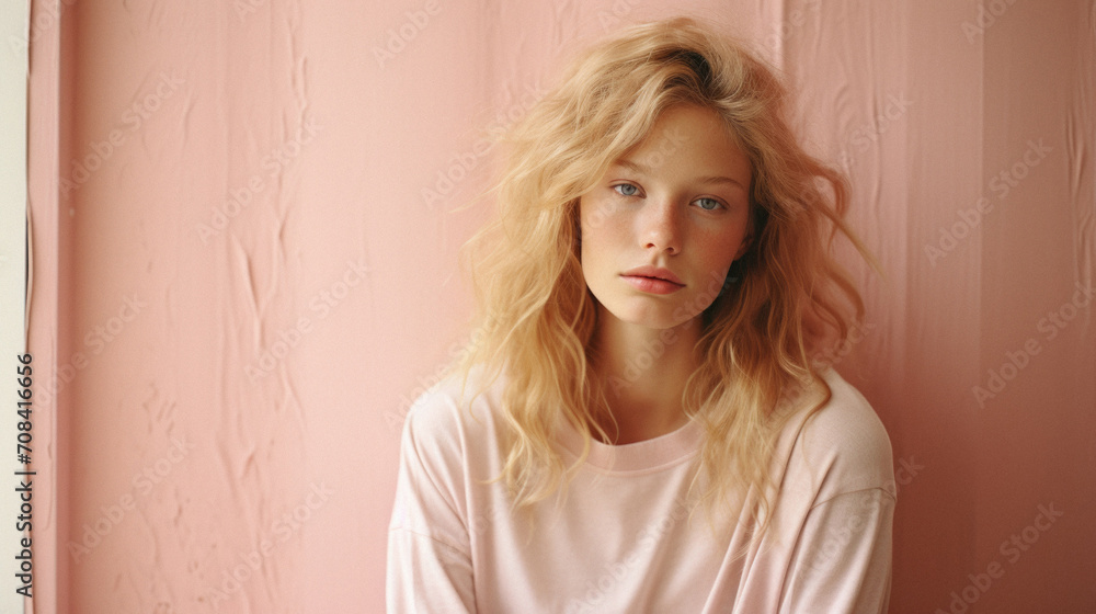 Portrait of a beautiful young girl with blond hair in a pink sweater Portrait of a beautiful young girl with blond hair in a pink sweater