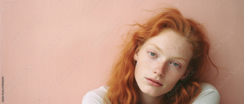 Fototapeta premium Portrait of red-haired girl with freckles on her face