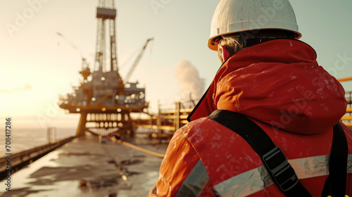 male worker on the background of an offshore oil platform at sunset, rear view photo