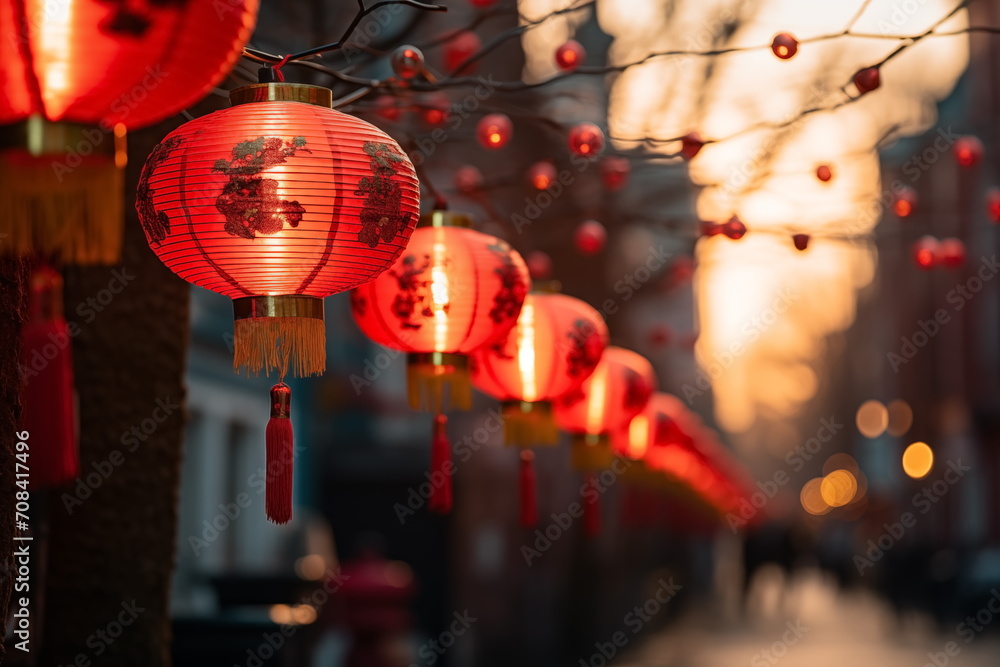 chinese new year in china town.  red lanterns. red lanterns in china town. Generated AI