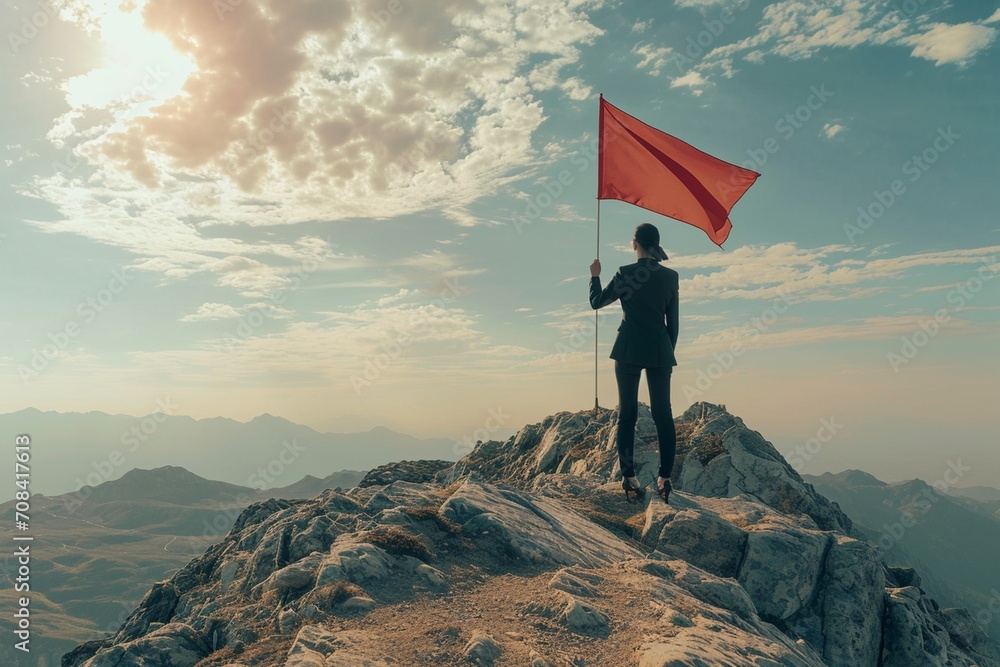 Obraz premium Businesswoman with red flag standing on mountain top, Leadership and victory concept