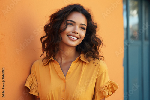 Close up portrait of a smiling young woman in yellow shirt