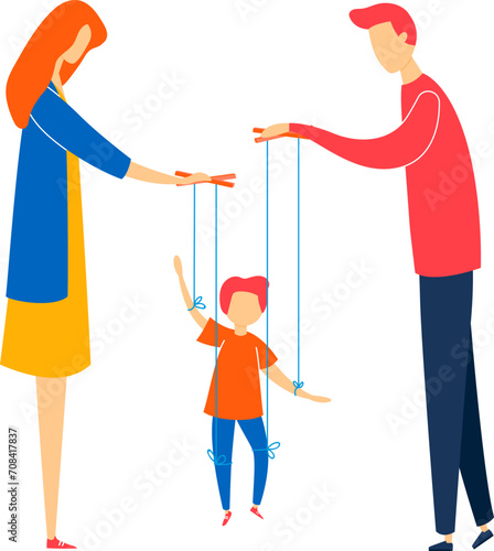 Parents controlling child with strings like puppet. Mother and father manipulating son s movements. Family dynamics and parental control vector illustration