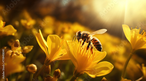 Bee on a flower. Close up of a large striped bee collects honey on a yellow flower on bright sunny day. © Mik Saar