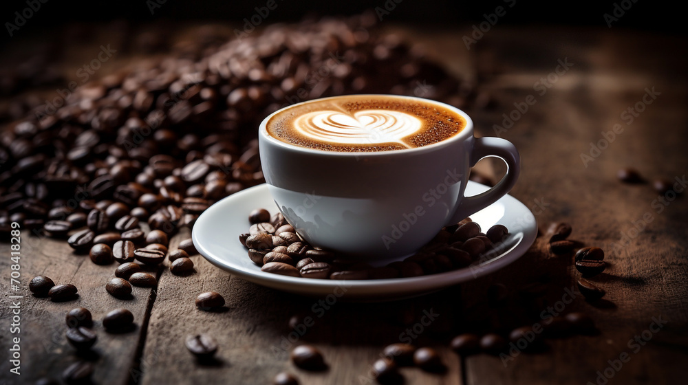Fototapeta premium A steaming cup of cappuccino placed on a weathered wooden table, surrounded by scattered coffee beans