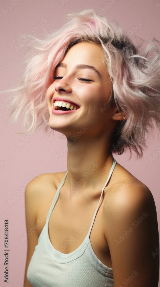 Portrait of a beautiful girl with pink hair on a pink background Portrait of a beautiful girl with pink hair on a pink background