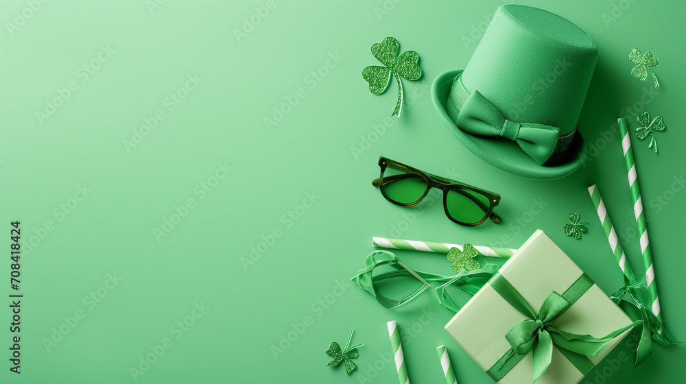 Green gift box with ribbon, Top view photo of st patricks day decorations hat shaped party glasses green bow-tie shamrocks confetti straws and giftbox on isolated pastel green background with copyspac - obrazy, fototapety, plakaty 