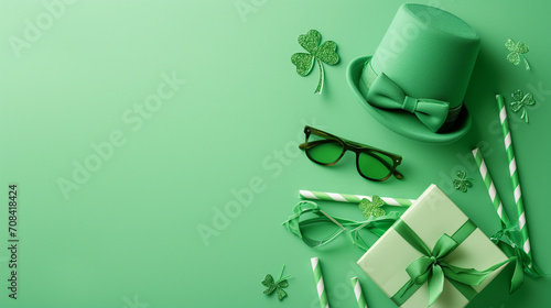 Green gift box with ribbon, Top view photo of st patricks day decorations hat shaped party glasses green bow-tie shamrocks confetti straws and giftbox on isolated pastel green background with copyspac