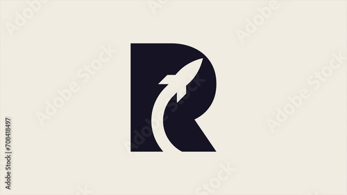 animation of letter R monogram with a flying rocket ship silhouette icon photo