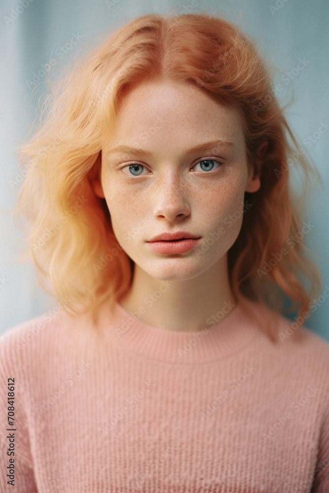 Portrait of a red-haired girl with freckles on her face