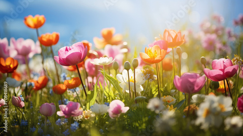 Blossom spring flowers in the grass field