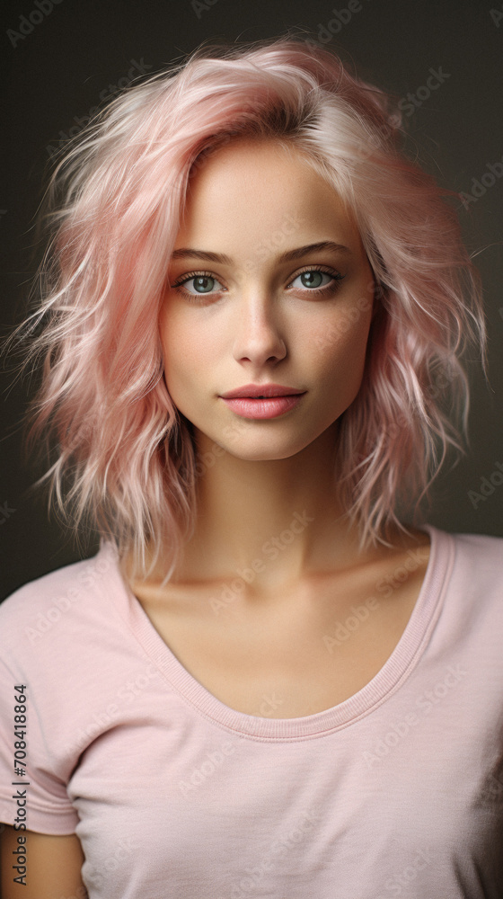 Portrait of beautiful young woman with dyed pink hair on grey background Portrait of beautiful young woman with dyed pink hair on grey background