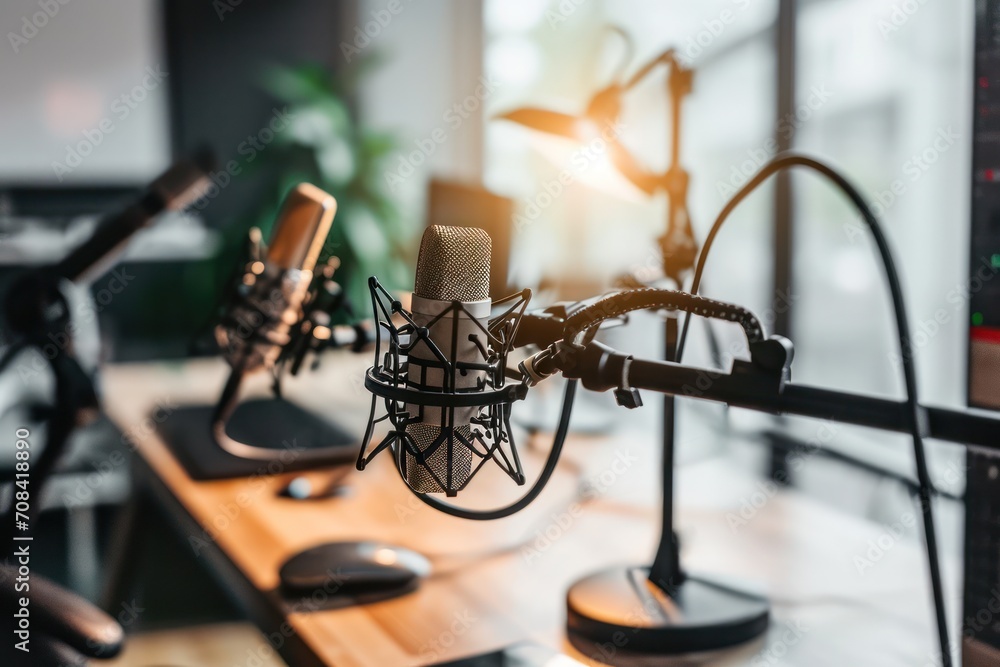 Professional podcasting setup with microphones on boom arms, soft window light in modern studio Professional podcasting setup with microphones on boom arms, soft window light in modern studio
