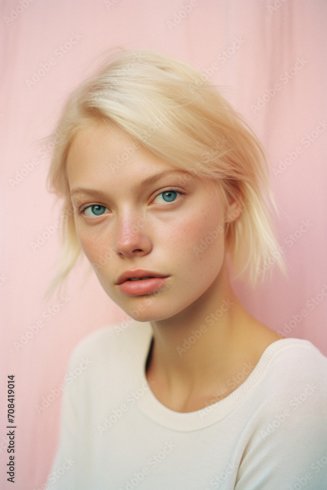 Portrait of a beautiful girl with blond hair on a pink background Portrait of a beautiful girl with blond hair on a pink background
