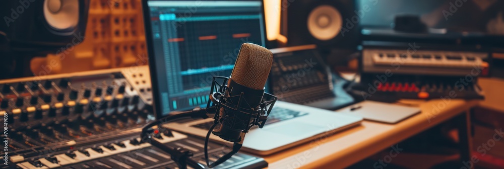 Professional podcast studio setup with microphone, mixer, keyboard, and monitors audio recording - obrazy, fototapety, plakaty 