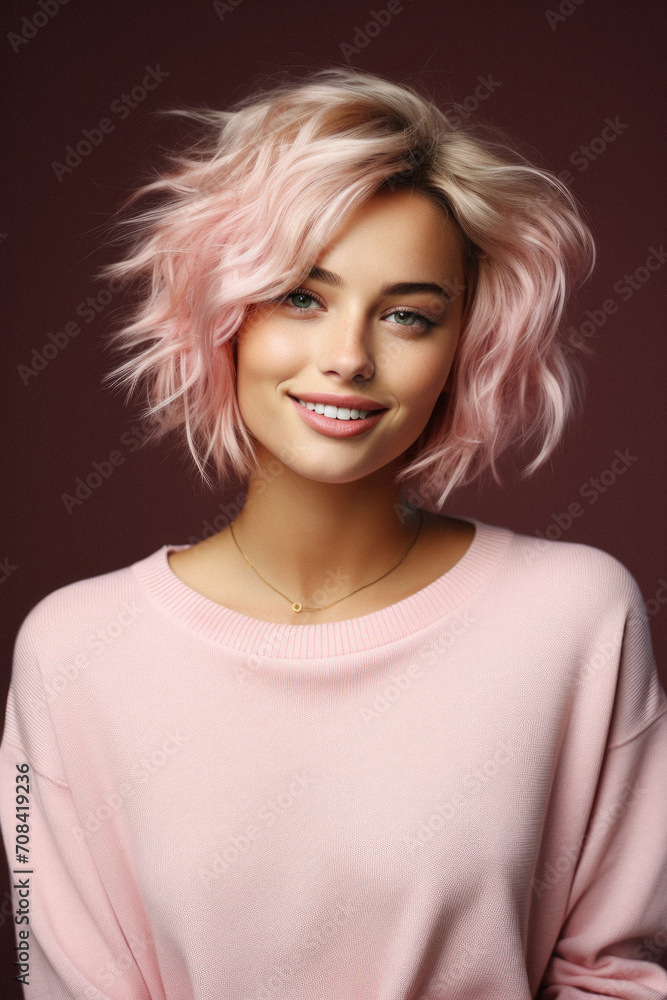 Portrait of beautiful young woman with pink hair, on color background Portrait of beautiful young woman with pink hair, on color background