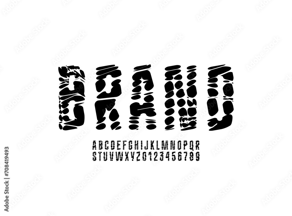 Obraz premium Crushed broken condensed font, narrow alphabet, fragmented fragile letters and numbers, vector illustration 10EPS