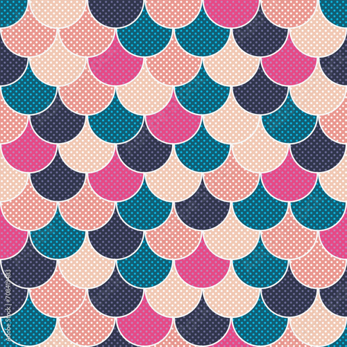 Seamless colorful geometric pattern of circles with dots in retro colors. Vector image
