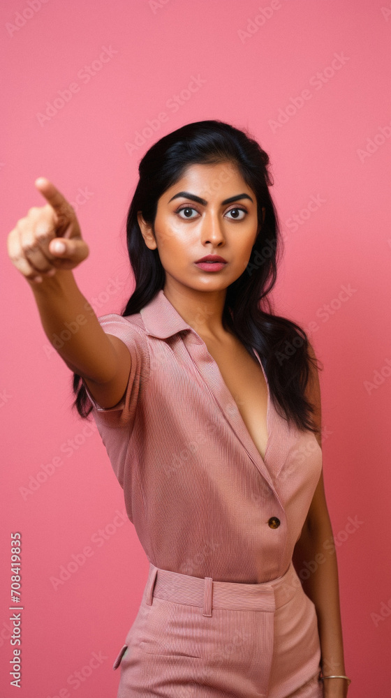 Portrait of a beautiful young woman pointing at camera over pink background Portrait of a beautiful young woman pointing at camera over pink background