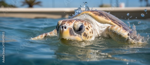 Loggerhead sea turtle released after rehabilitation in Israeli sea turtle rescue center following injury from fishing nets.