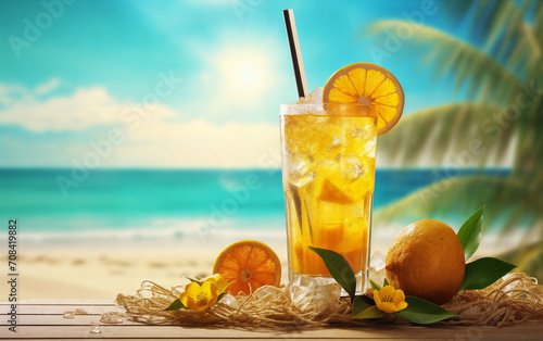 a glass of orange juice with a straw and orange slices on a beach scene with palm trees and blue sky, generative ai