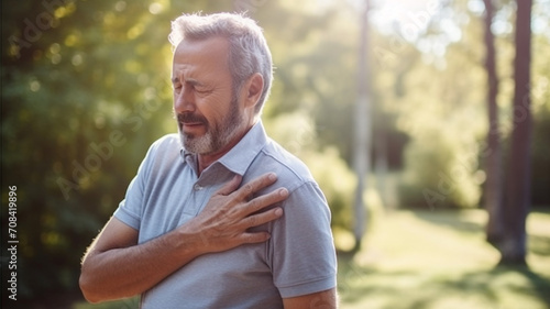 Senior elderly man touching his shoulder, shoulder health problems. Healthcare, insurance