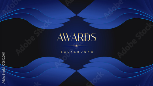 Dark blue golden royal awards graphics background. Lines growing elegant shine spark. Luxury premium corporate abstract design template.