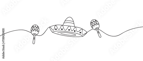 Vector mexican sombrero hat and maracas line art style for cinco de mayo celebration