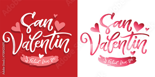 Hand sketched Happy Valentines Day text in spanish with hearts. Valentines Day typography. Hand drawn lettering for Valentines Day card template. St. Valentines Day banner, flyer. Romantic lettering.  photo