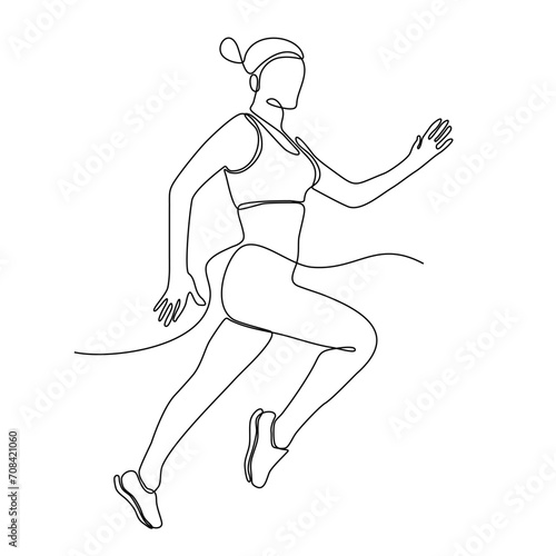 Running woman, athlete, vector - continuous line drawing. One continuous line drawing of young athlete focus running sprint. Individual sport, competitive concept