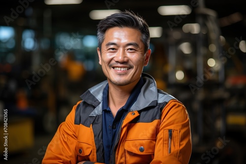 Portrait of an Asian male worker in an orange jacket smiling © duyina1990