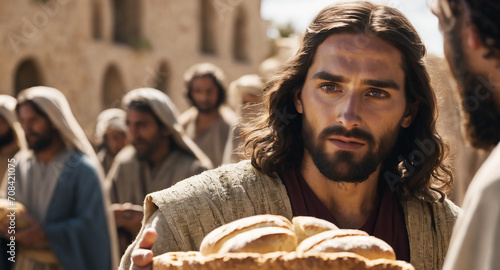Jesus Christ passing out bread to the poor.