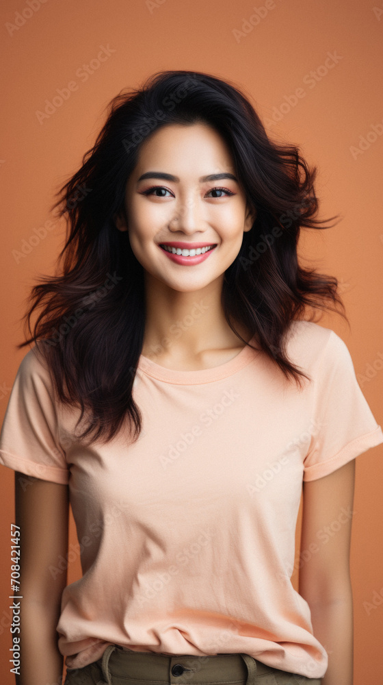 Portrait of a beautiful asian woman smiling at camera, over brown background Portrait of a beautiful asian woman smiling at camera, over brown background
