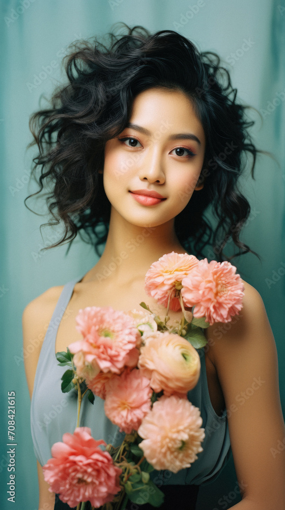 Portrait of beautiful young asian woman with bouquet of flowers Portrait of beautiful young asian woman with bouquet of flowers