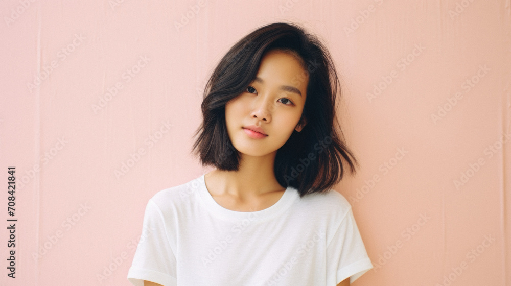 Portrait of beautiful asian young woman wear white t-shirt on pink background Portrait of beautiful asian young woman wear white t-shirt on pink background