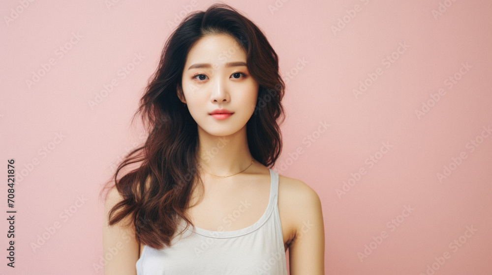 Portrait of beautiful asian woman looking at camera on pink background . Portrait of beautiful asian woman looking at camera on pink background .